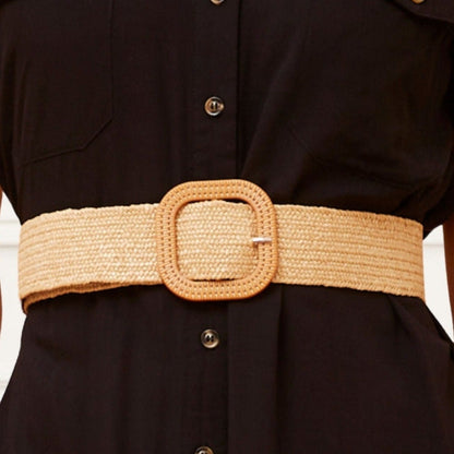 Women's Straw Woven Buckle Belt
