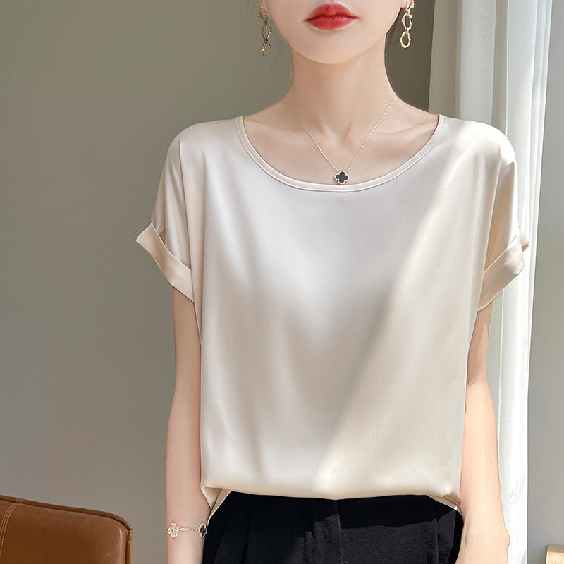 French-style Minimalist Chic Round-neck Short-sleeve Blouse For Women
