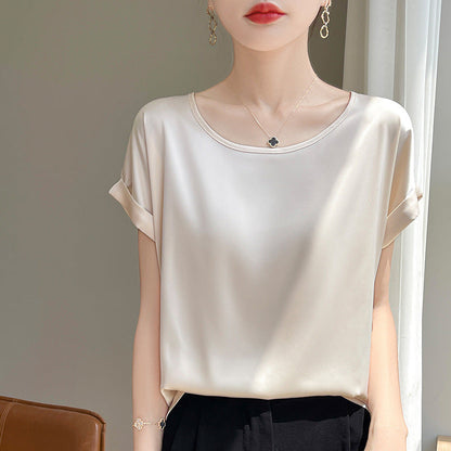 French-style Minimalist Chic Round-neck Short-sleeve Blouse For Women