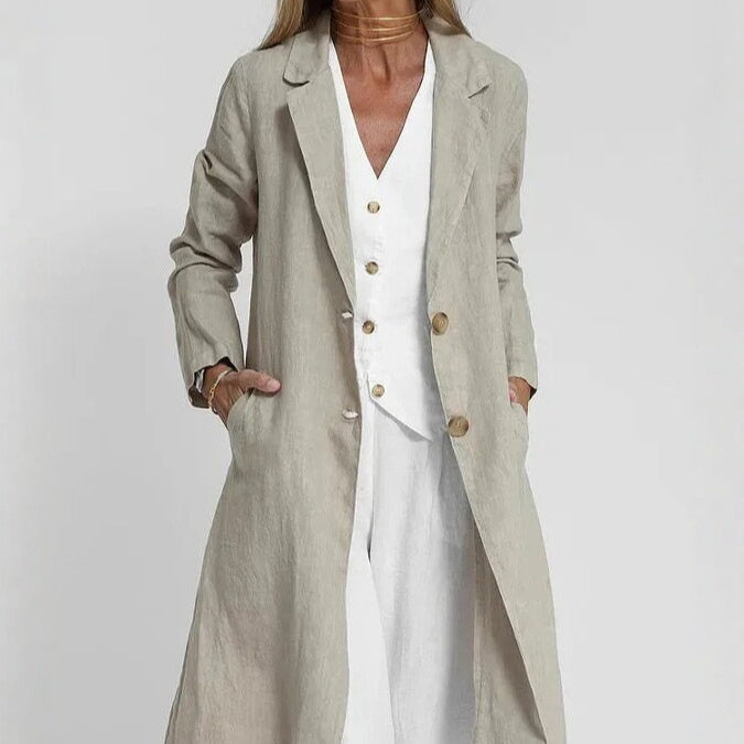 Long-sleeve Buttoned Cotton-linen Trench Coat With A Suit Collar