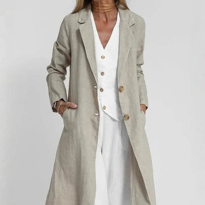 Long-sleeve Buttoned Cotton-linen Trench Coat With A Suit Collar