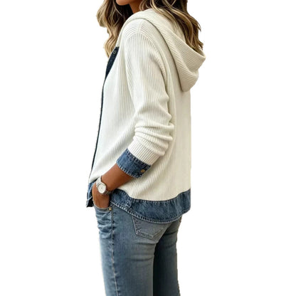 Womens Autumn Printed Denim-Style Patchwork Hooded Long-Sleeve Shirt