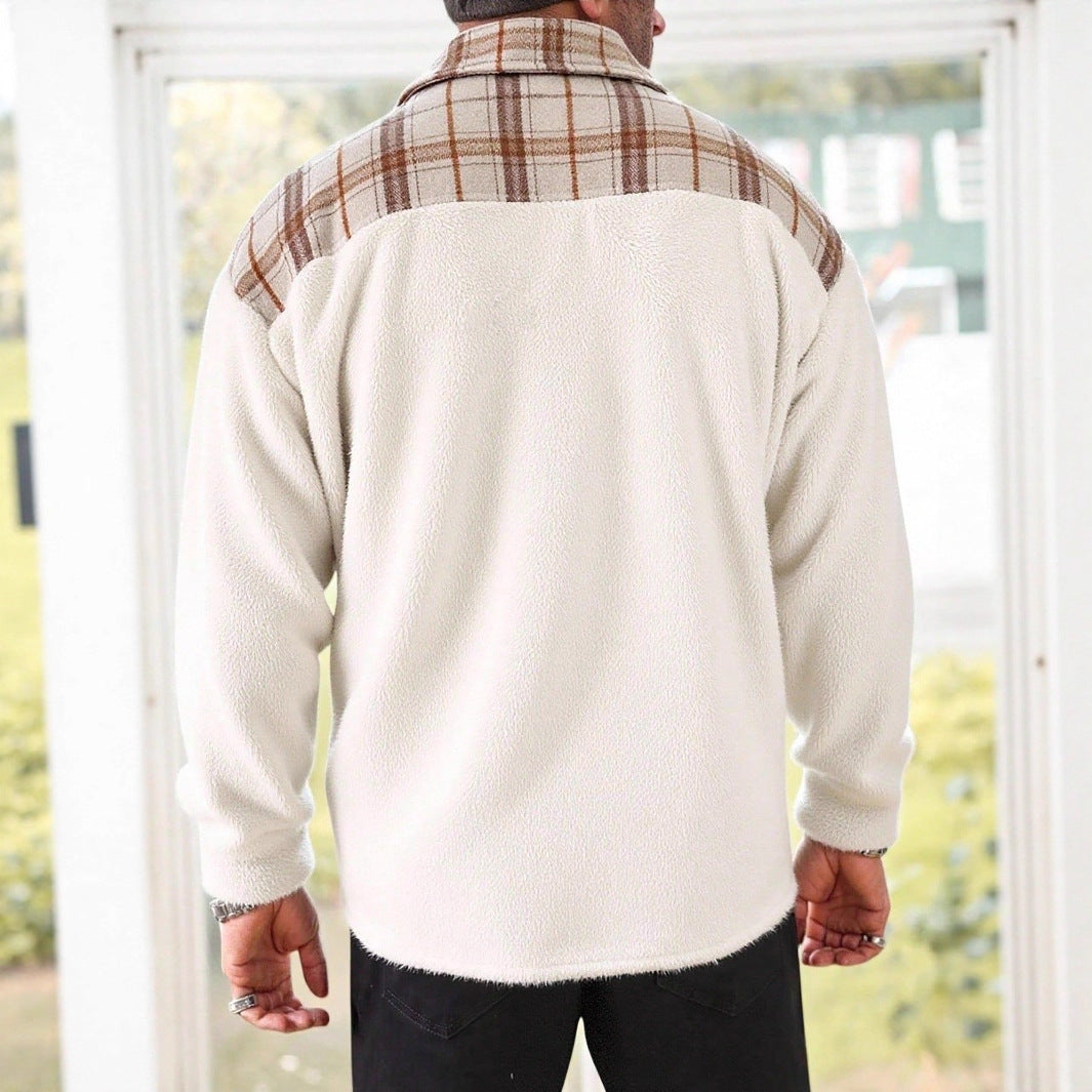 Mens Plaid Plush Patchwork Jacket Coat