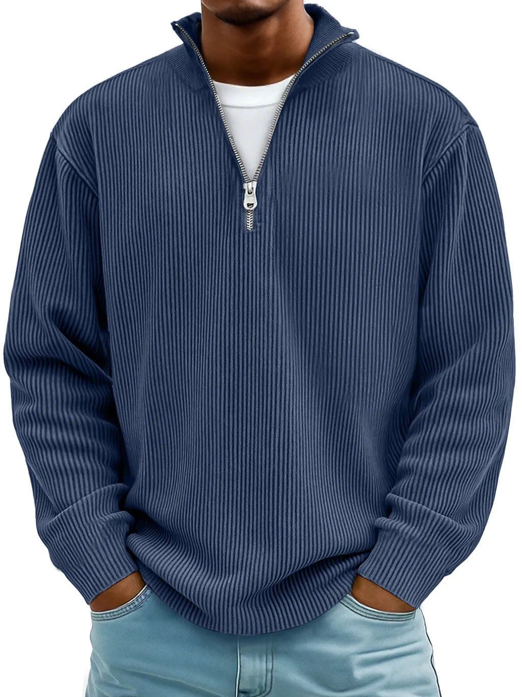 Autumn And Winter New Men's Casual Stand-Up Collar Zipper Corduroy Long-Sleeved Men's Polo Shirt Sweatshirt