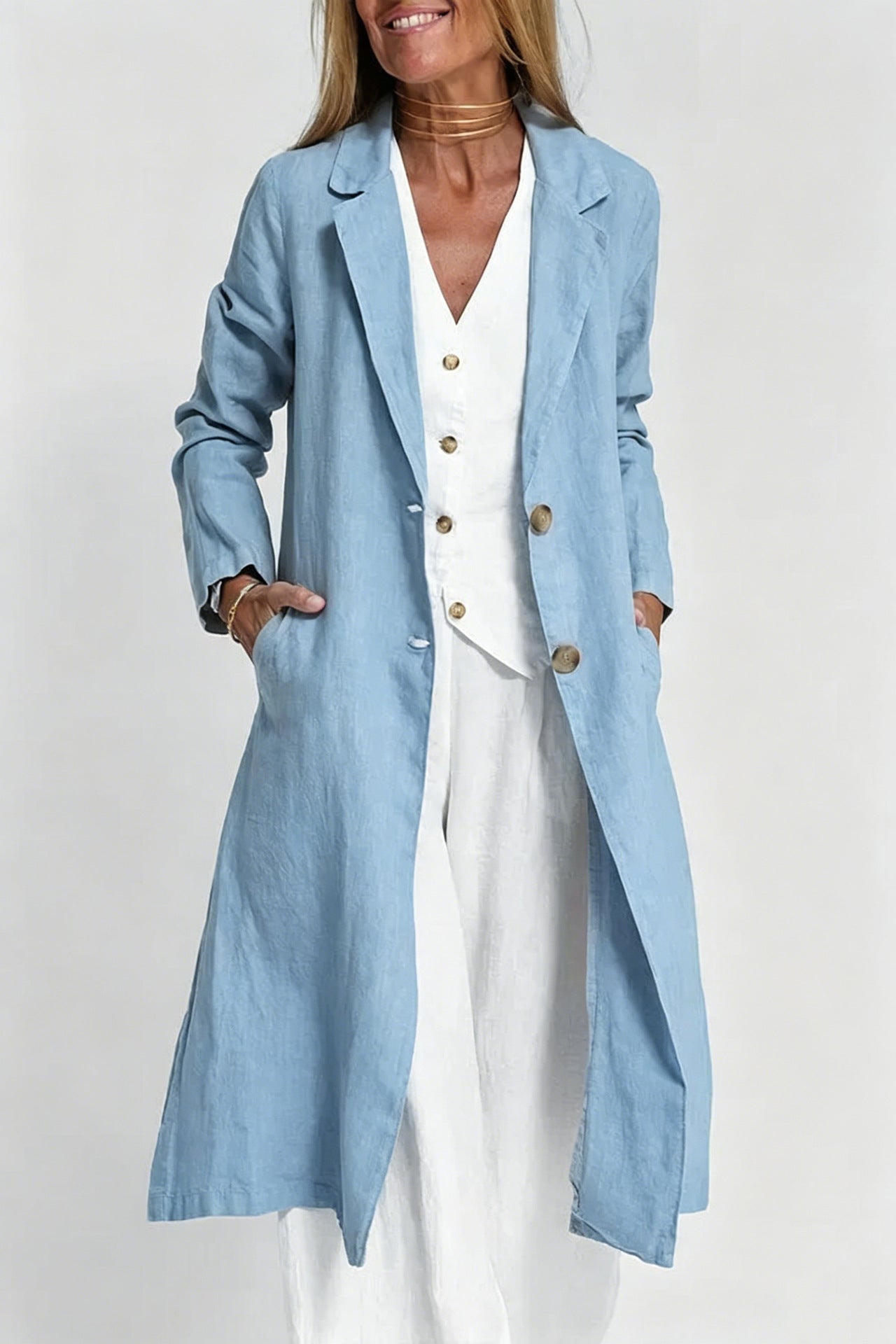 Long-sleeve Buttoned Cotton-linen Trench Coat With A Suit Collar