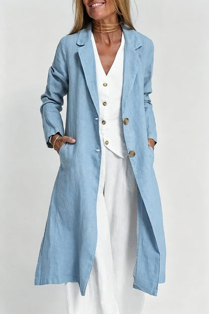 Long-sleeve Buttoned Cotton-linen Trench Coat With A Suit Collar