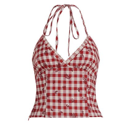 Summer Retro Red Plaid V-Neck Halter Neck Design With Slit, Slim Fit, Backless Hot Girl Tank Top For Women