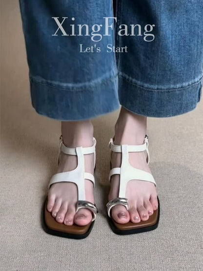 Women's Fashion Metal Buckle Thong Square Toe Sandals, 2026 Summer New, Niche Design Versatile Mid Heel Slide Slippers