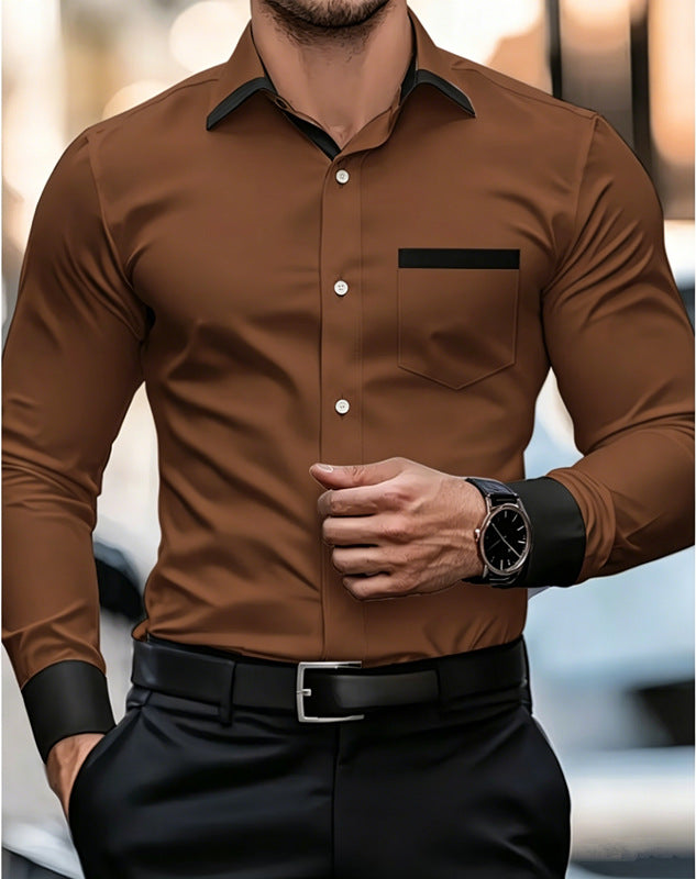 Mens Business-Casual Wrinkle-Free Contrast-Color Shirt