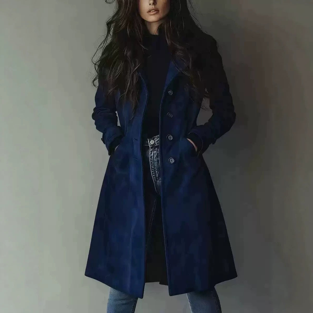 High Quality European American Style Women's Fall Winter Lapel Suede Mid-Length Trench Coat