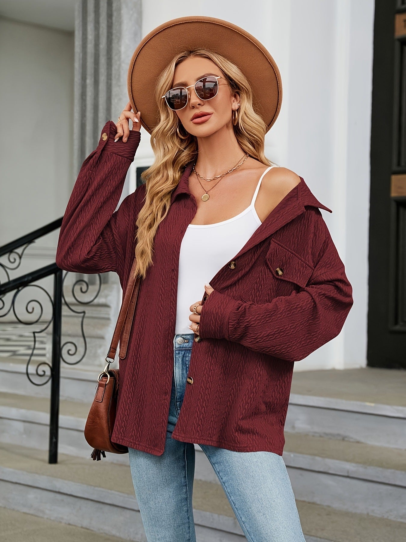 Women's Jackets Autumn And Winter Amazon Popular Women's Casual Fashion Solid Color Pocket Button Jacket