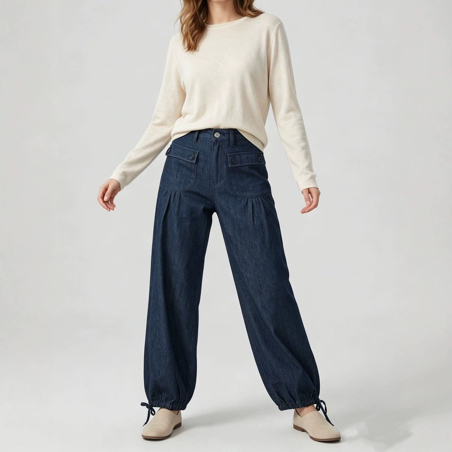 Loose-fit Womens Wide-leg Denim Jeans With Pockets And Ruffled Hems