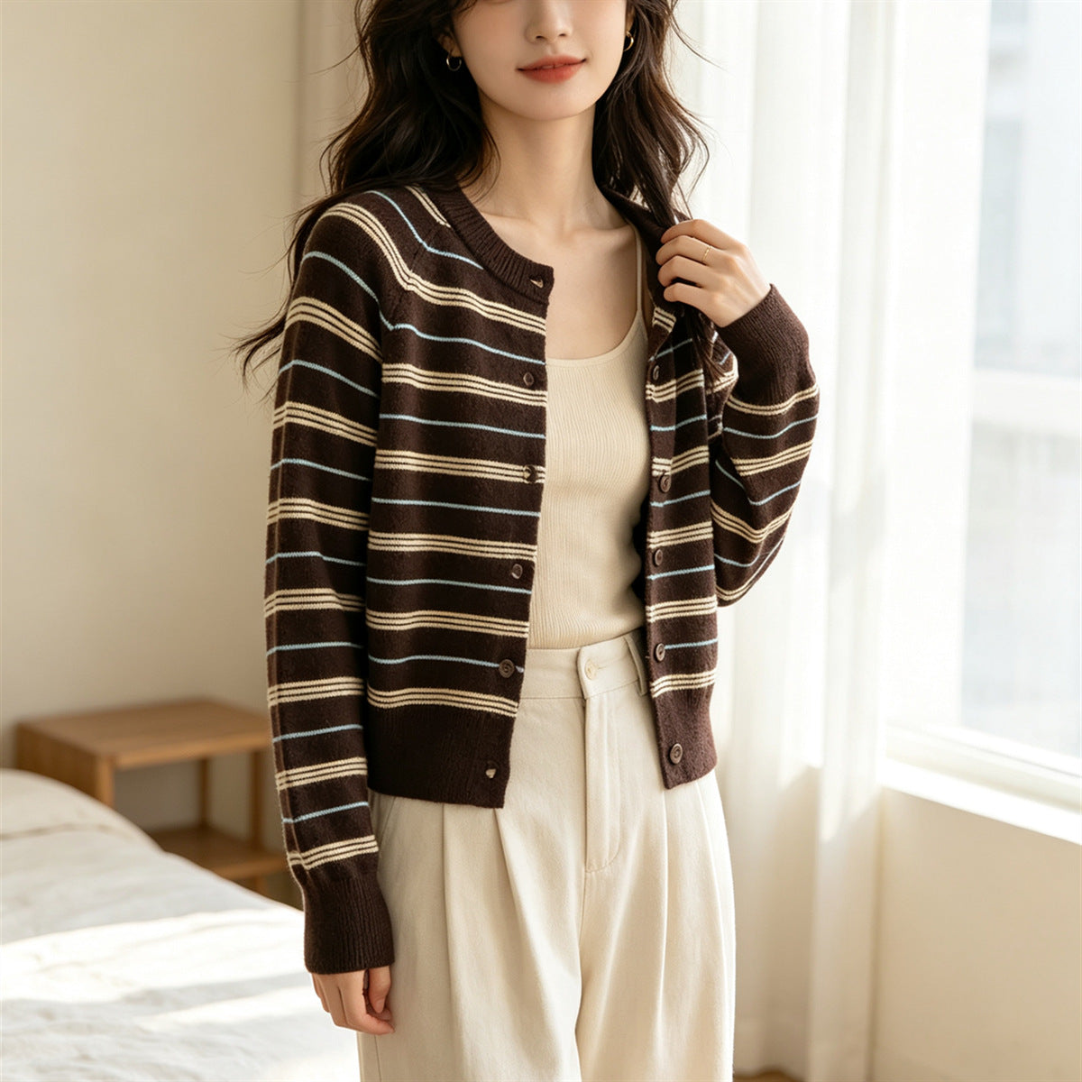 Womens Elegant Contrasting-Color Striped Sweater