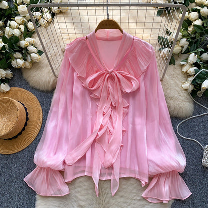 Womens Solid-Color Loose Shirt With Bow Tie Belt