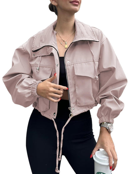 Cross-Border European And American Autum New Women's Pure Color Women's Short Jacket Zipper Windbreaker Jacket