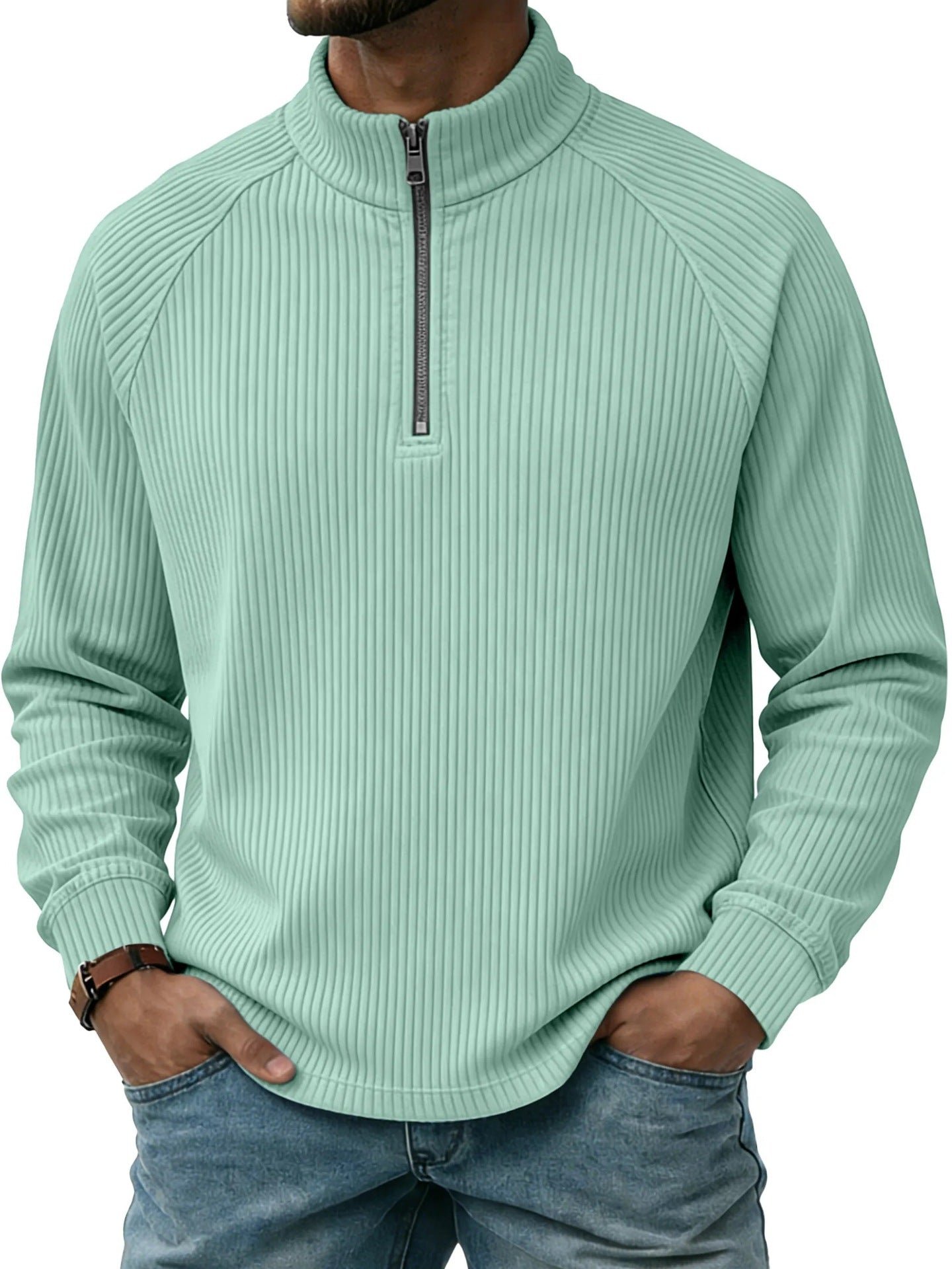Mens Vertical-Striped Zip-Up Stand-Collar Long-Sleeve Polo Shirt