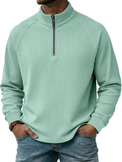 Mens Vertical-Striped Zip-Up Stand-Collar Long-Sleeve Polo Shirt