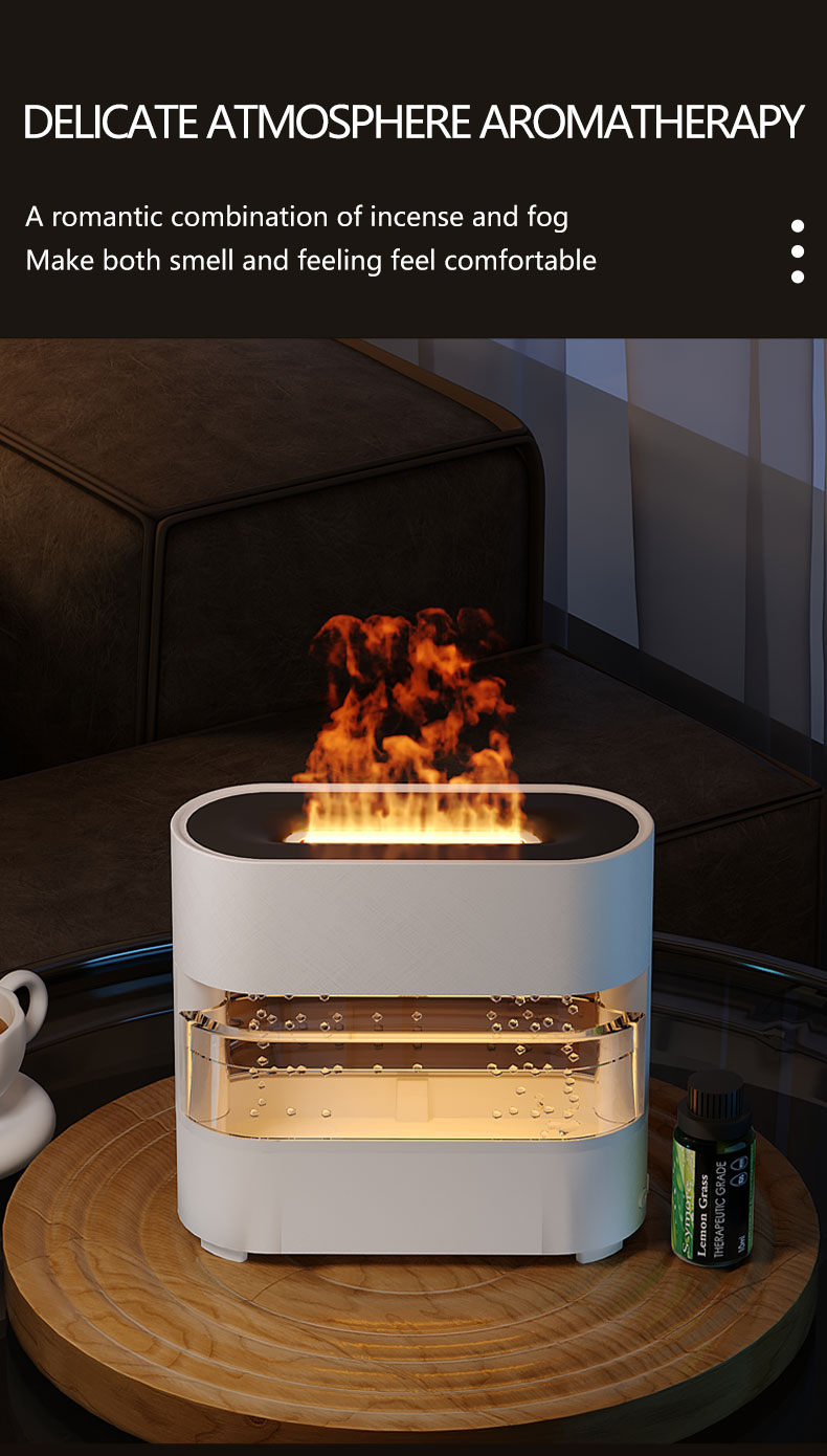 Aromatherapy device with flames on a wooden surface, surrounded by incense bottles.