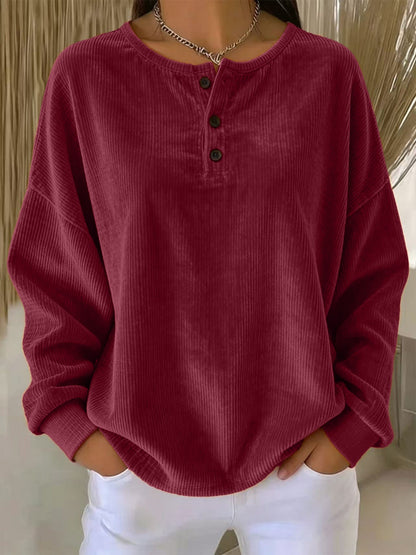 Women's Loose-fitting Round-neck Solid-color Button Sweatshirt