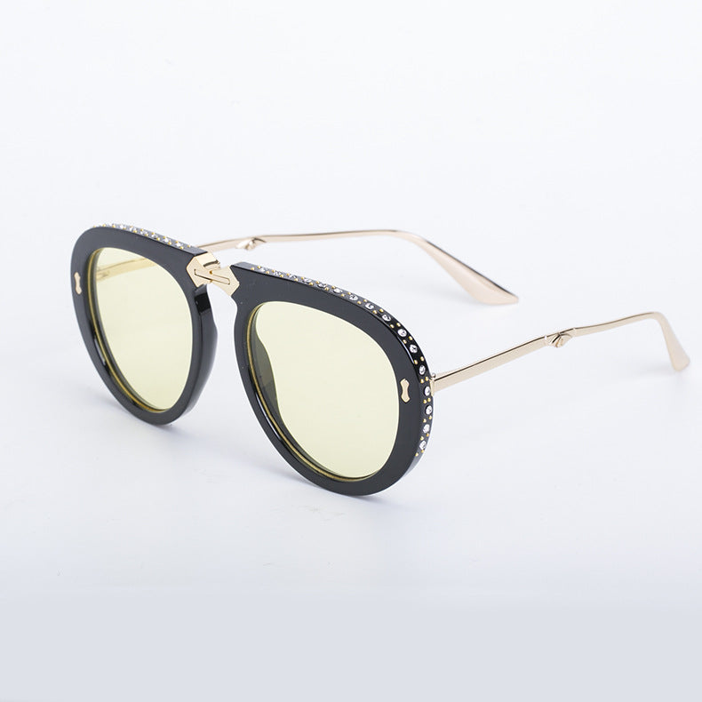 Diamond-Encrusted Foldable Sun Protection Sunglasses For Women, Fashionable Glasses, Internet Celebrity Style Sunglasses, Plain Aviator Glasses, Sunglasses