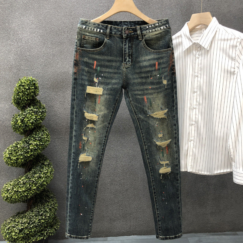 Hig Hend Paint Splatter Style Denim Jeans For Men