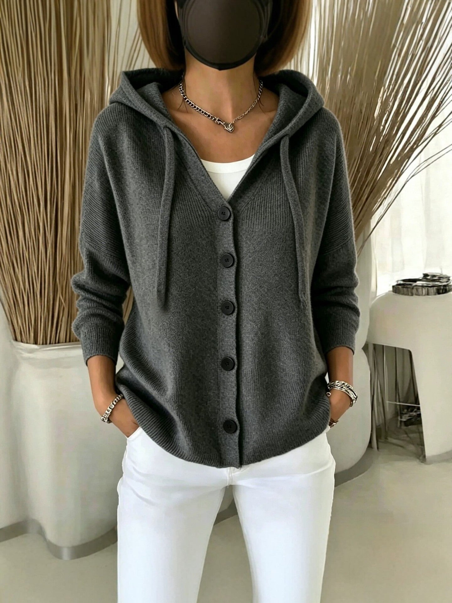 Womens European And American-style Autumnwinter New Hooded Knit Cardigan