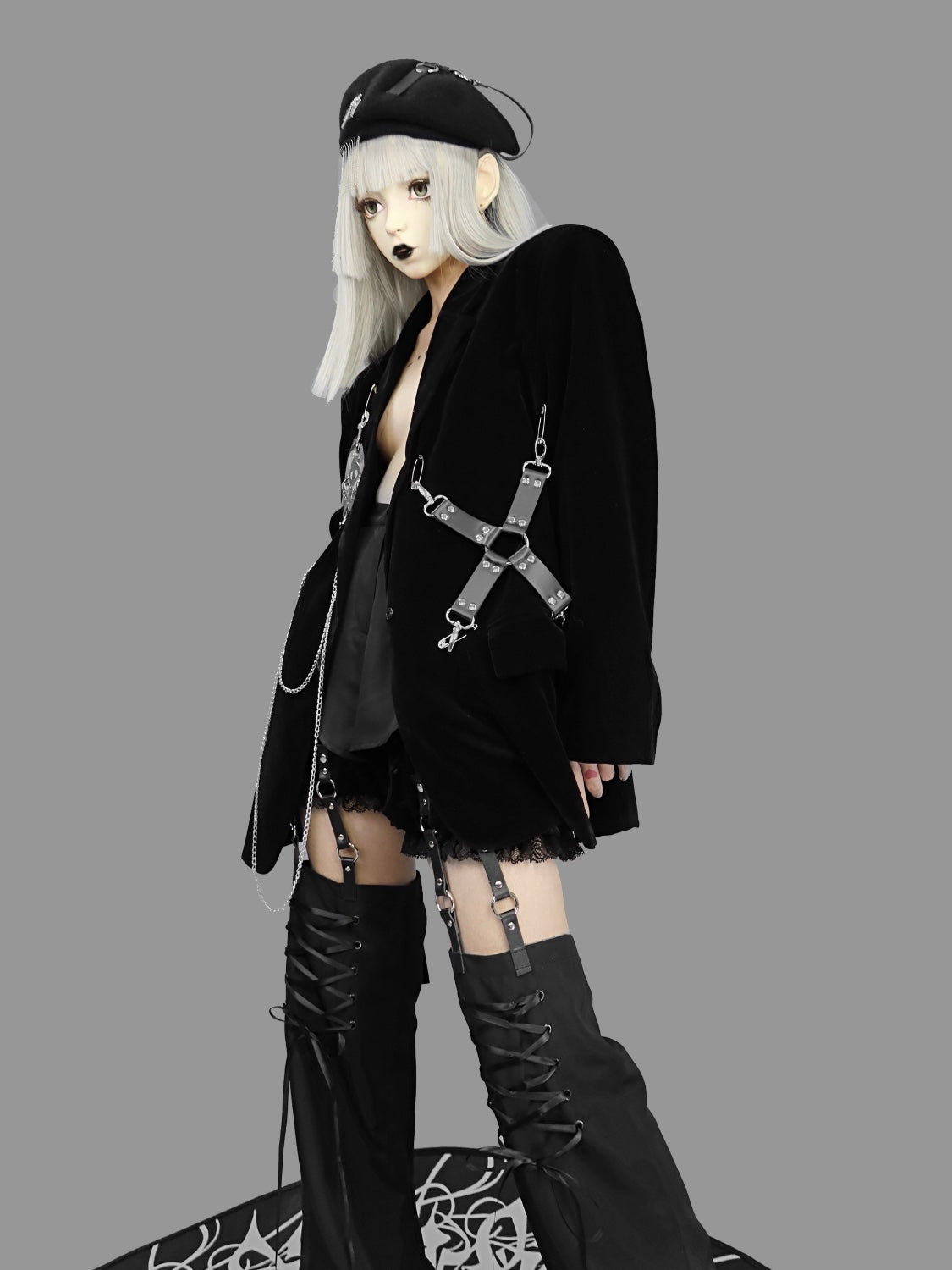 Gothic Style Dark Black Velvet Woolen Shoulder Pad Blazer Women