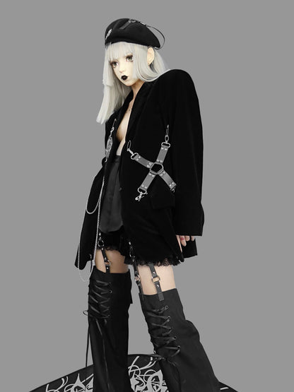 Gothic Style Dark Black Velvet Woolen Shoulder Pad Blazer Women