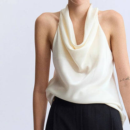Double-sided Satin Lustrous Relaxed-fit Figure-flattering Halter Top