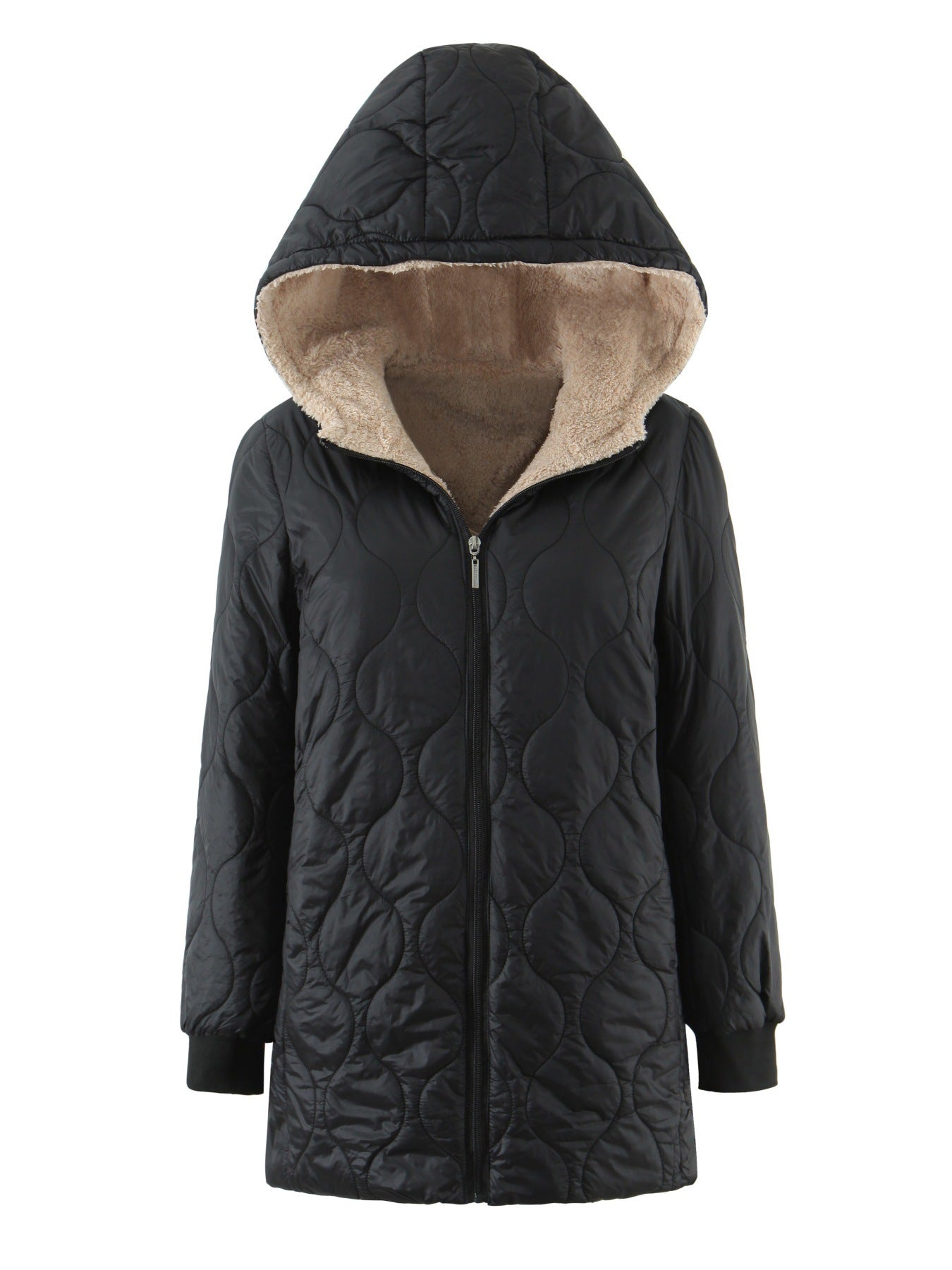 Womens Mid-Length Hooded Padded Coat With Fleece Lining