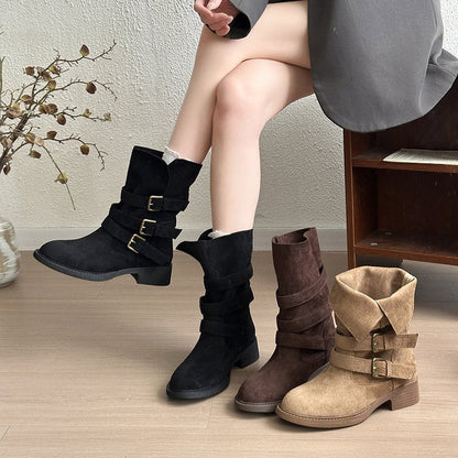 Retro Thick Soled High Rise Slimming Fashionable Lapel Thick Heel Midsole Boots