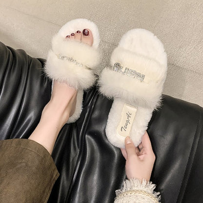 Women's Furry Slippers, New Letter Embroidered Fleece Single Band Slides, Versatile Outdoor Women's Shoes
