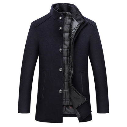 Casual Men's Wool Coat Men's Warm Stand Collar Wool Coat