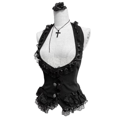 Dark Gothic-style Black Lace Halter Vest For Women