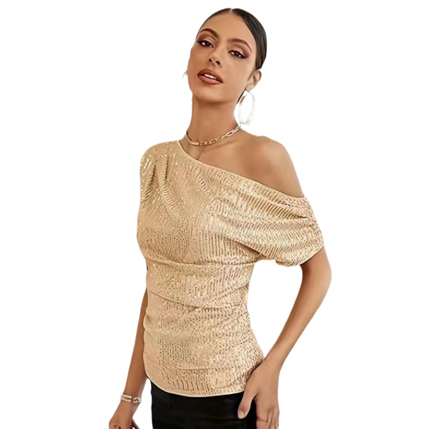 Sequin-Embellished Off-Shoulder Short-Sleeve Womens T-Shirt