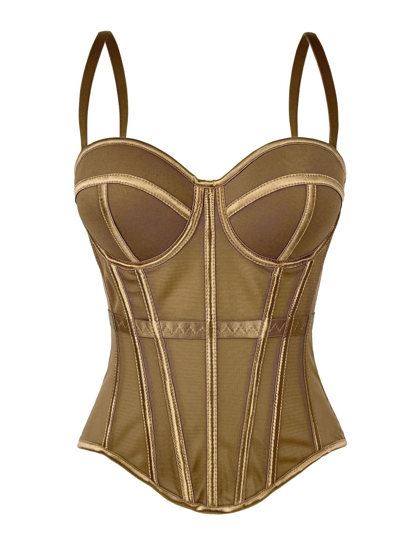 European And American Pure Color Fashionable Fishbone Bra, Waist Slimming Look Mesh Camisole With Breast Pads, Fishbone Top For Outer Wear