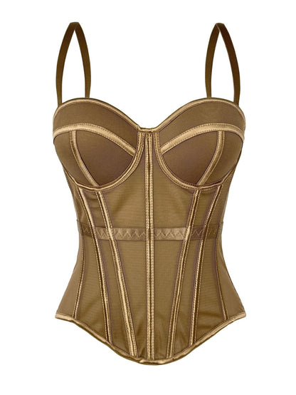 European And American Pure Color Fashionable Fishbone Bra, Waist Slimming Look Mesh Camisole With Breast Pads, Fishbone Top For Outer Wear