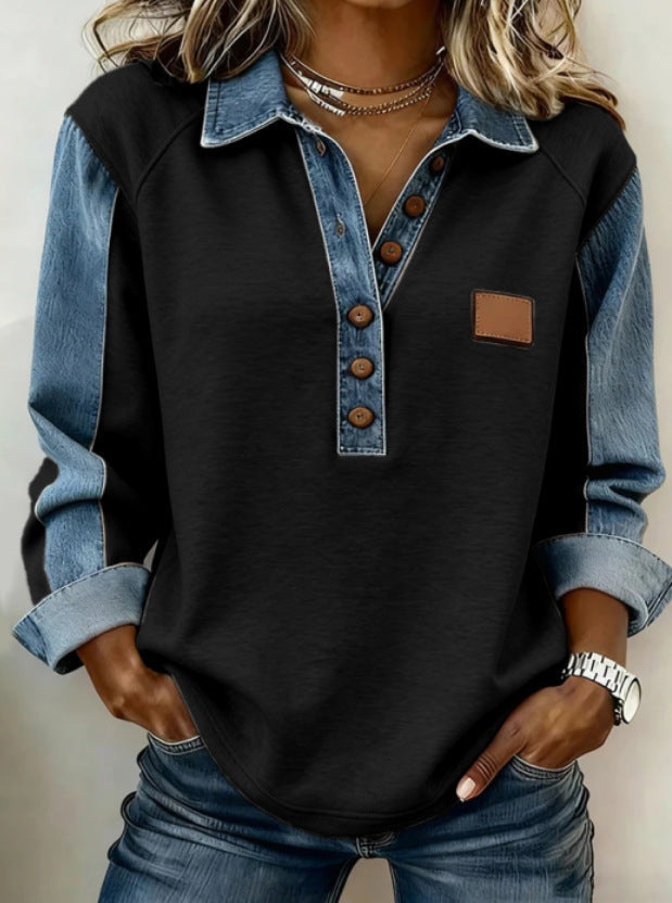 2026 Autumn And Winter Amazon Export New Models In Stock European And American Casual Long-Sleeved Tops Denim Polo Shirts For Women