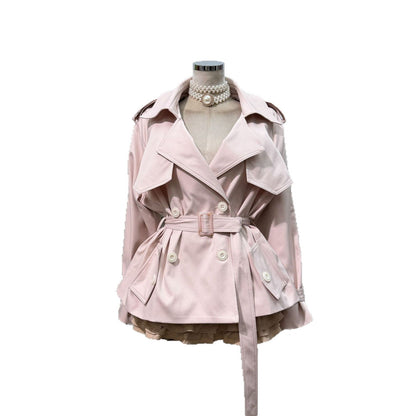 Pink Casual Sweet-and-cool Trench Coat With A Turn-down Collar Double-breasted Front And A Fitted Waist