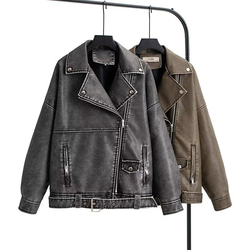 Turn-down Collar Loose Leather Jacket Womens Top