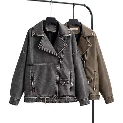 Turn-down Collar Loose Leather Jacket Womens Top
