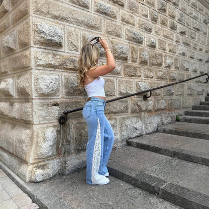 Stretch Lace Straight-leg Denim Jeans