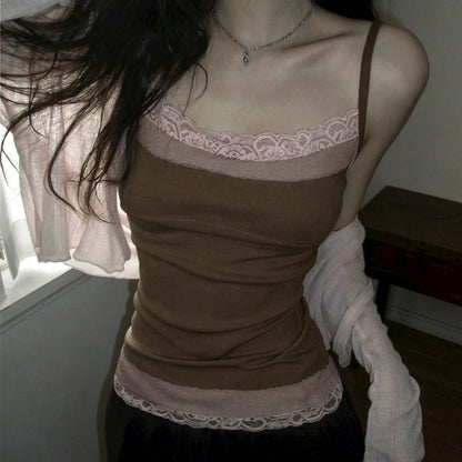 2026 Summer Women's Y2K Hot Girl Pure Desire Lace Trim Color-Block Slim Fit Versatile Tank Top