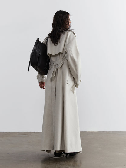 Lime-white Bandage-decorated Unisex Long Trench Coat
