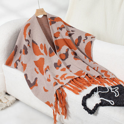 Drizzle-Color Leopard-Print Knitted Tassel CapeShoulder Wrap For Women