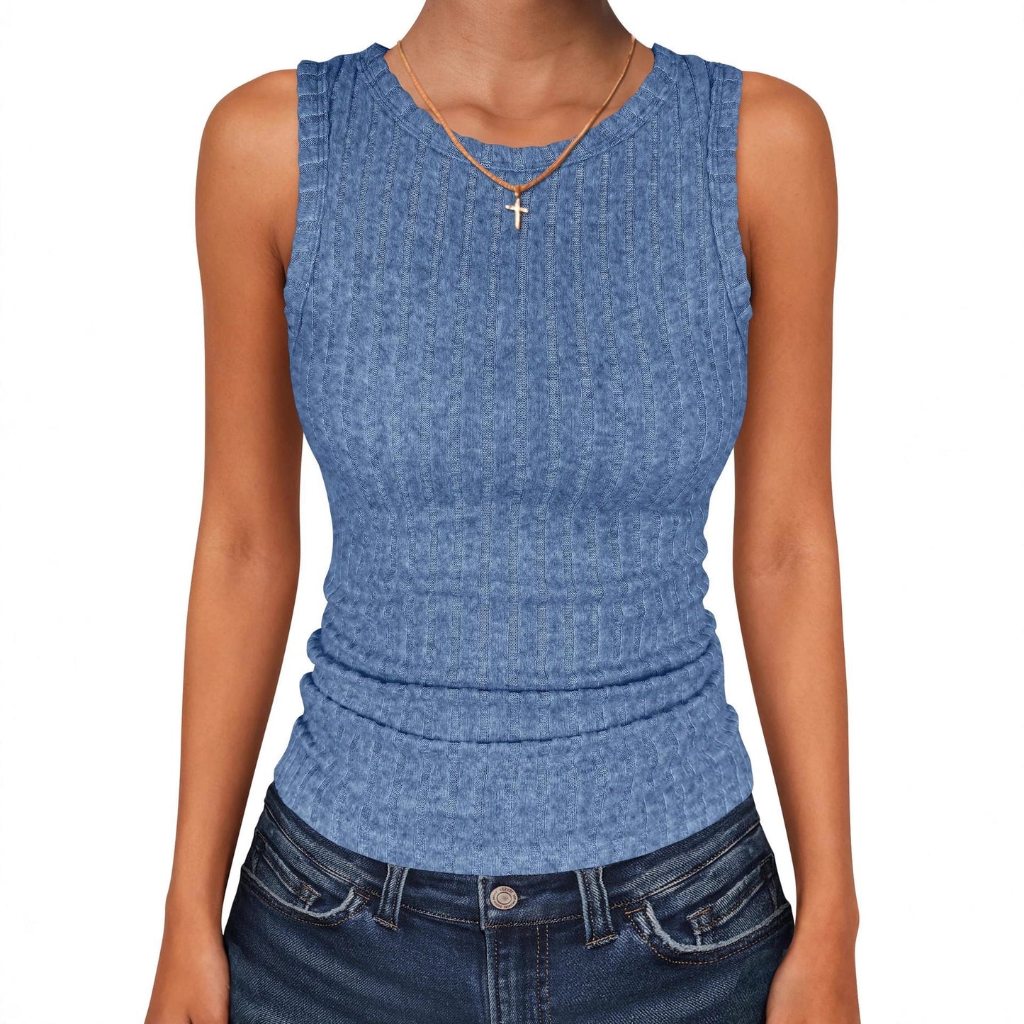 Womens Round-Neck Casual Sleeveless Solid-Color Knitted Vest