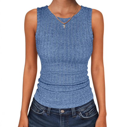 Womens Round-Neck Casual Sleeveless Solid-Color Knitted Vest