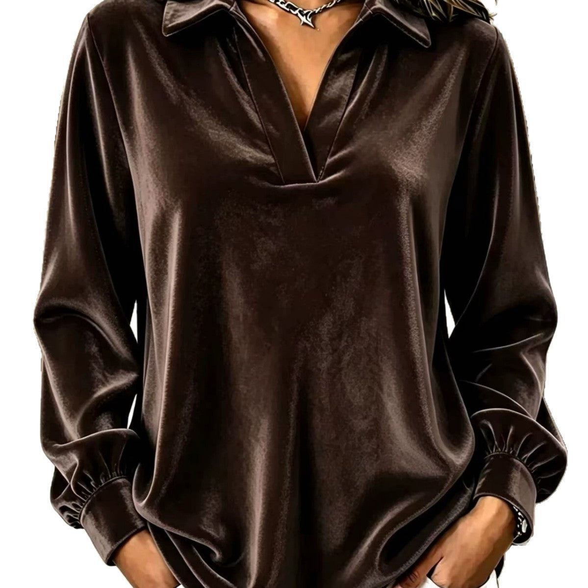 V-neck Long-sleeve Loose-fitting Womens Top