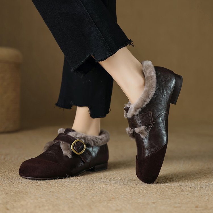 Women's French Fashion Vintage Flat Leather Shoes, 2025 New Arrival, Thickened Deep Vamp Pumps For Autumn & Winter, Comfort Casual Cotton Shoes