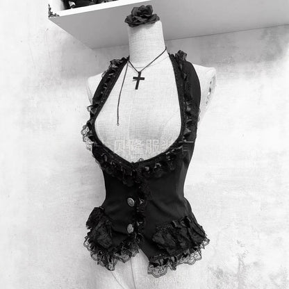 Dark Gothic-style Black Lace Halter Vest For Women